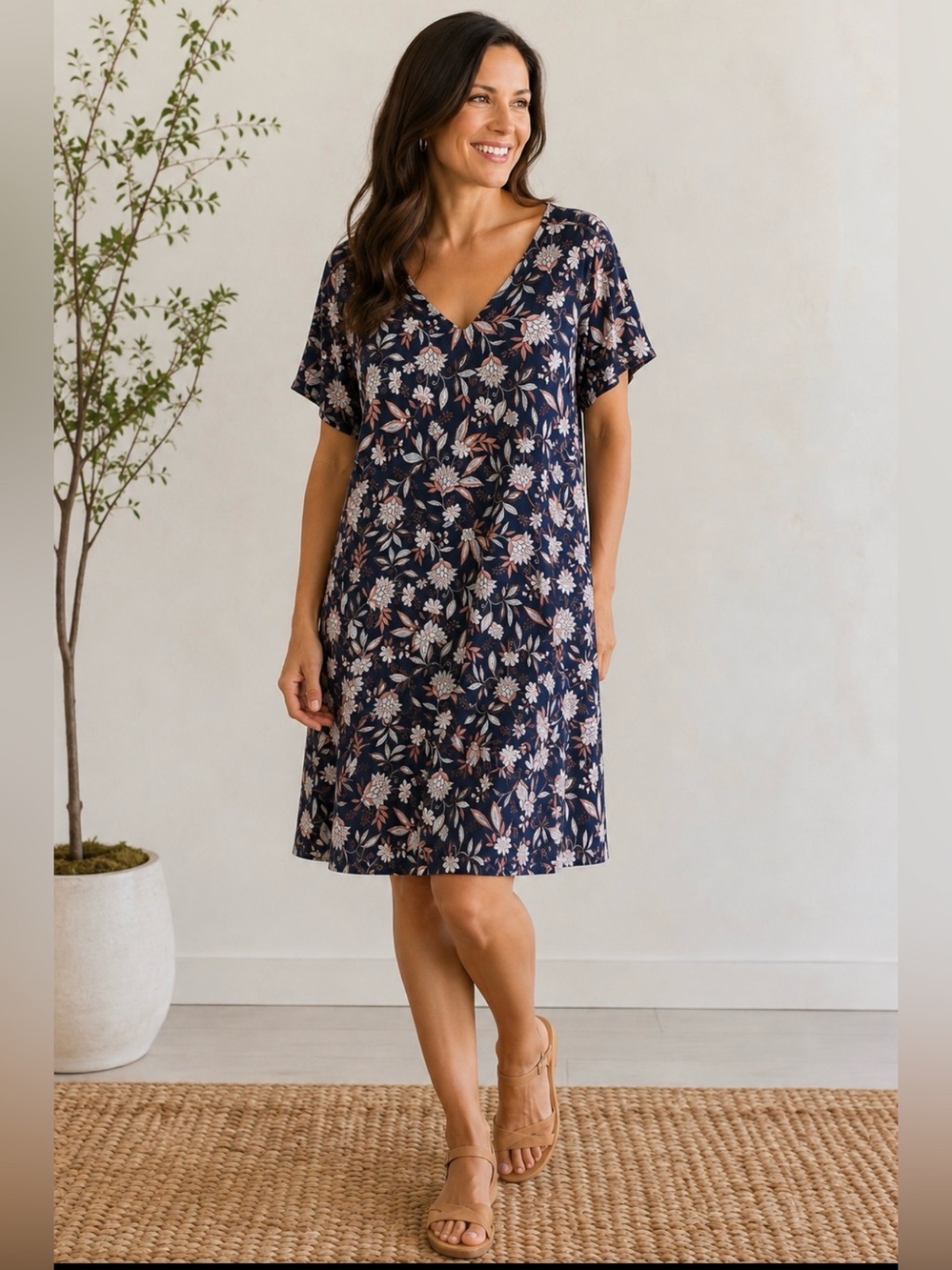J. Jill PUREJILL Floral Knit Dress Gray Blue Size Large Petite LP